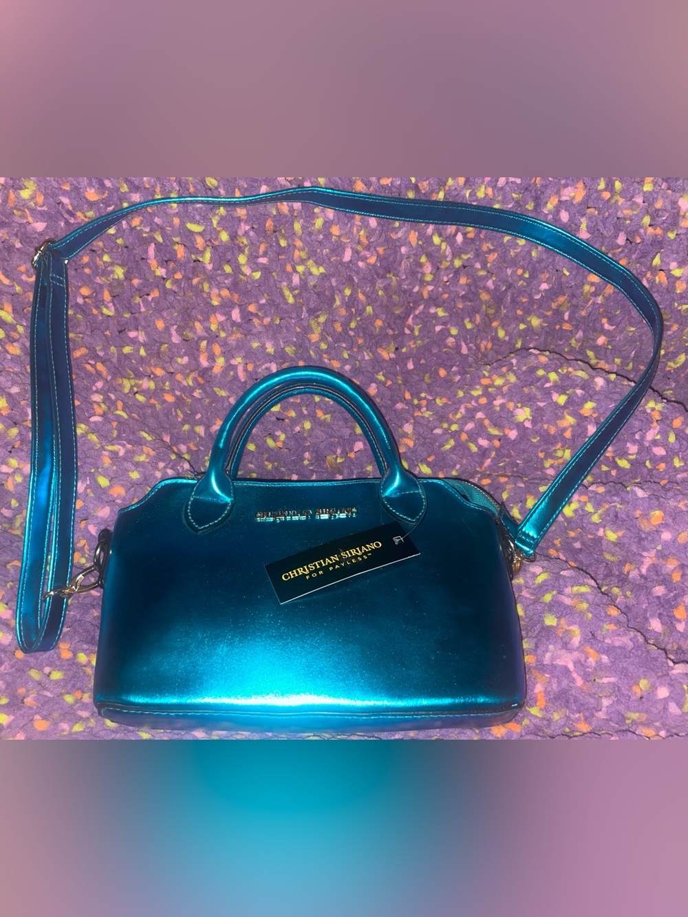 Christian Siriano Metallic Teal Top-Handle Satchel with shoulder strap